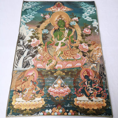 36" Tibet Tibetan Cloth Silk Buddhism Green Tara Guanyin Tangka Thangka Mural 03
