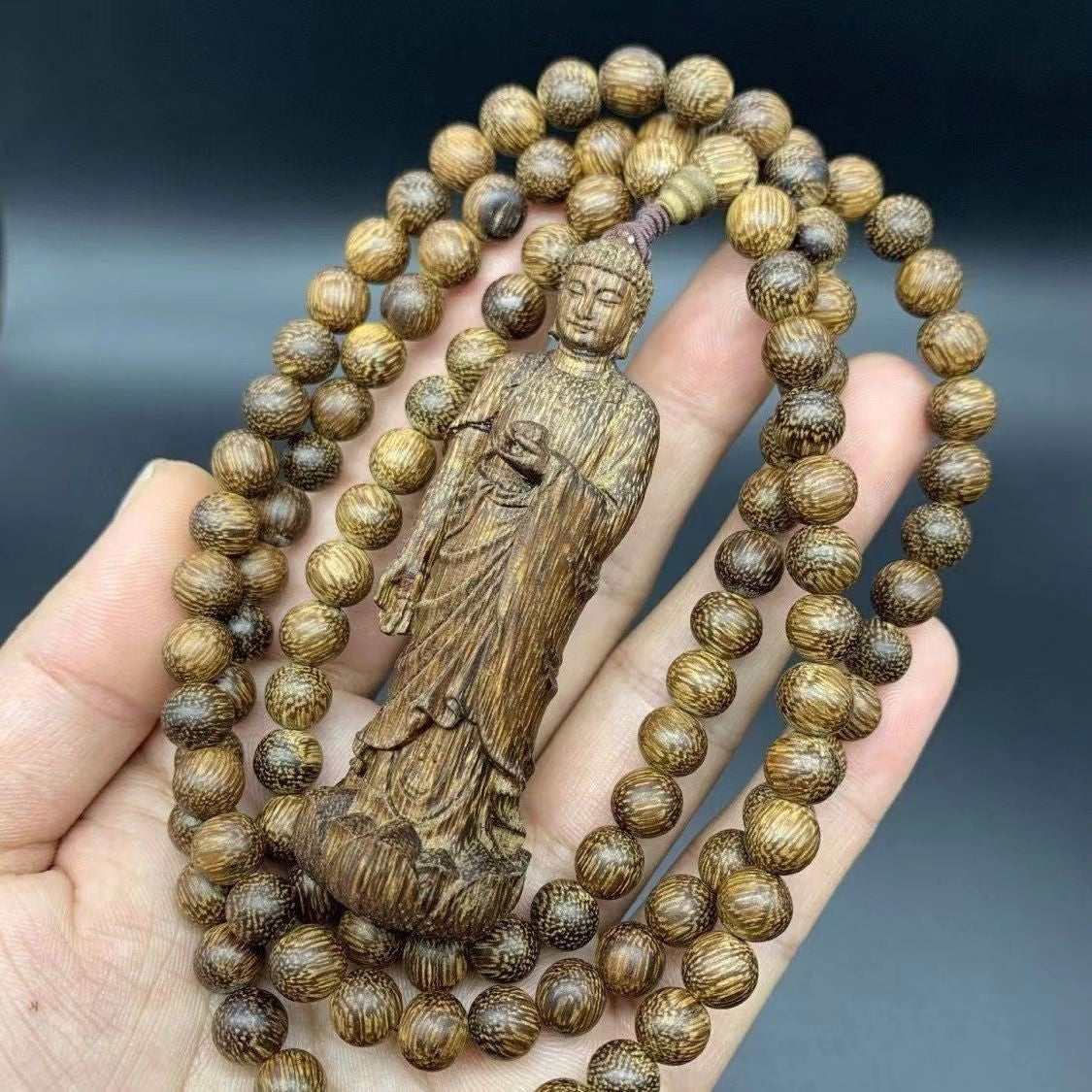 8mm*108 Beads Natural Wood Rulaifo Buddha Pendant Blessing Necklace