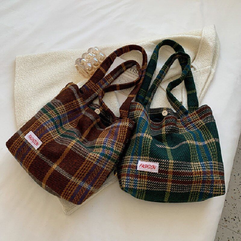 Tote Shoulder Bag Large Capacity Soft Plaid Travel Handbag 31*28*10 CM Green 1PC