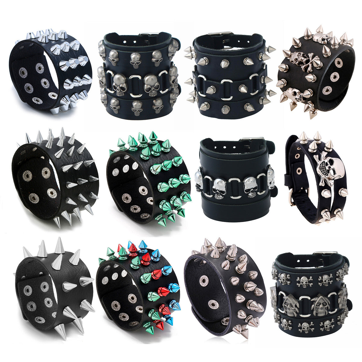 Gothic Punk Rock Skull & Spikes Leather Cuff Bracelet Studded Wristband Bold