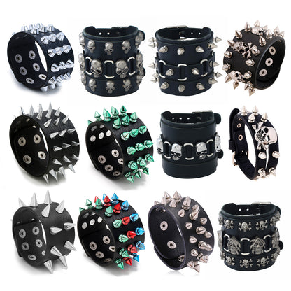 Gothic Punk Rock Skull & Spikes Leather Cuff Bracelet Studded Wristband Bold
