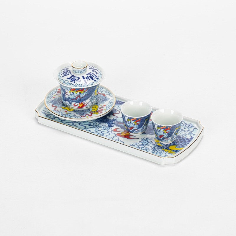 Chinese Tea Set Porcelain Gaiwan Tea Cup Plate Dragon Print Ceramic Tureen China