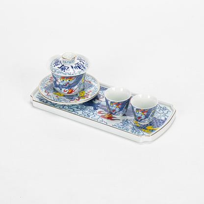 Chinese Tea Set Porcelain Gaiwan Tea Cup Plate Dragon Print Ceramic Tureen China