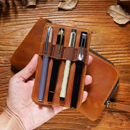 Handmade Cowhide Leather Pen/Pencil Case, Larege Capacity Stationery Storage Bag