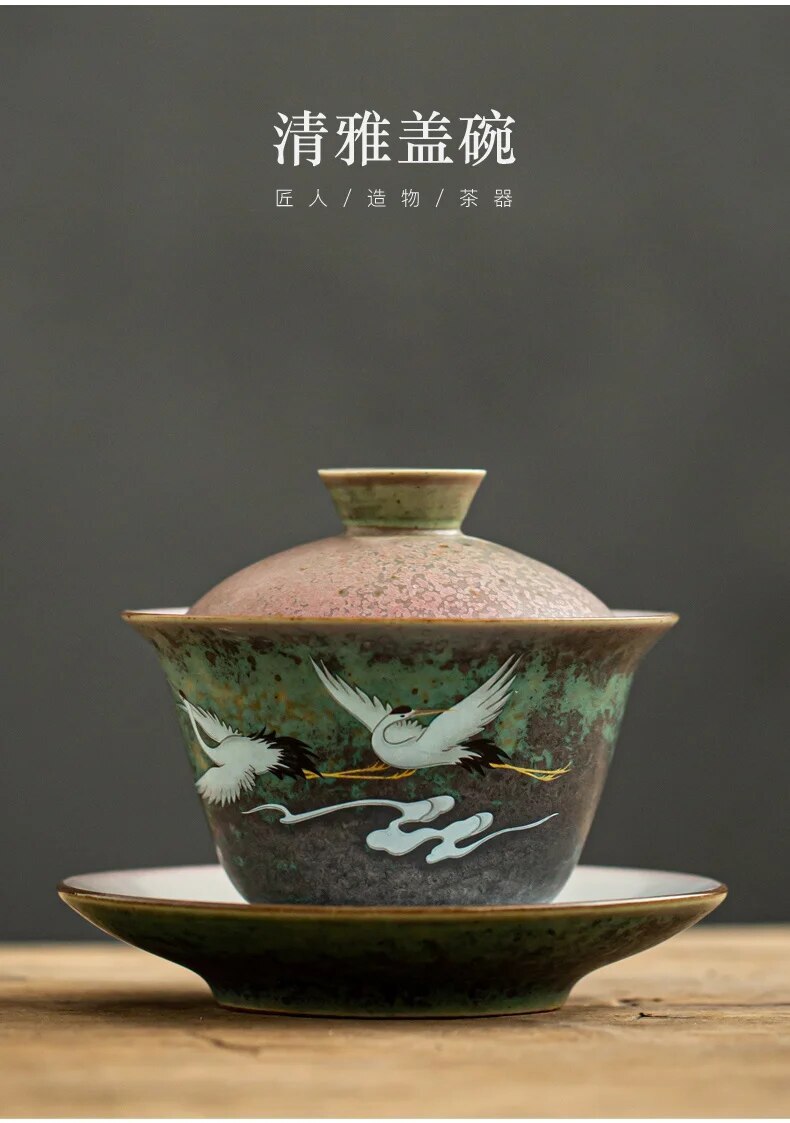 Anti Scald Large Ceramic Retro Tea Cover Bowl with Lid Sancai Gaiwan Single