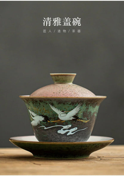 Anti Scald Large Ceramic Retro Tea Cover Bowl with Lid Sancai Gaiwan Single