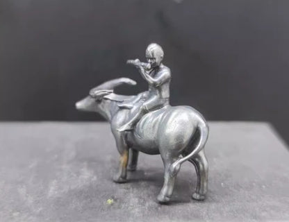 Brass Carved Cowboy Statue Sculpture Buffalo Fluting Boy Figurine Decor