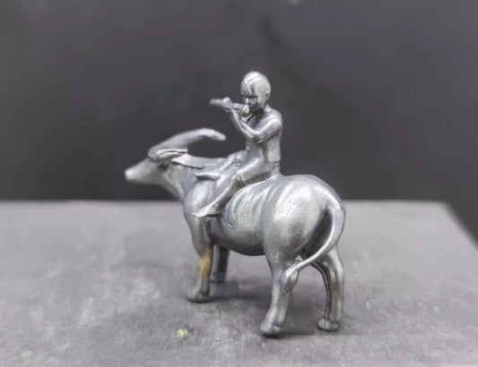 Brass Carved Cowboy Statue Sculpture Buffalo Fluting Boy Figurine Decor