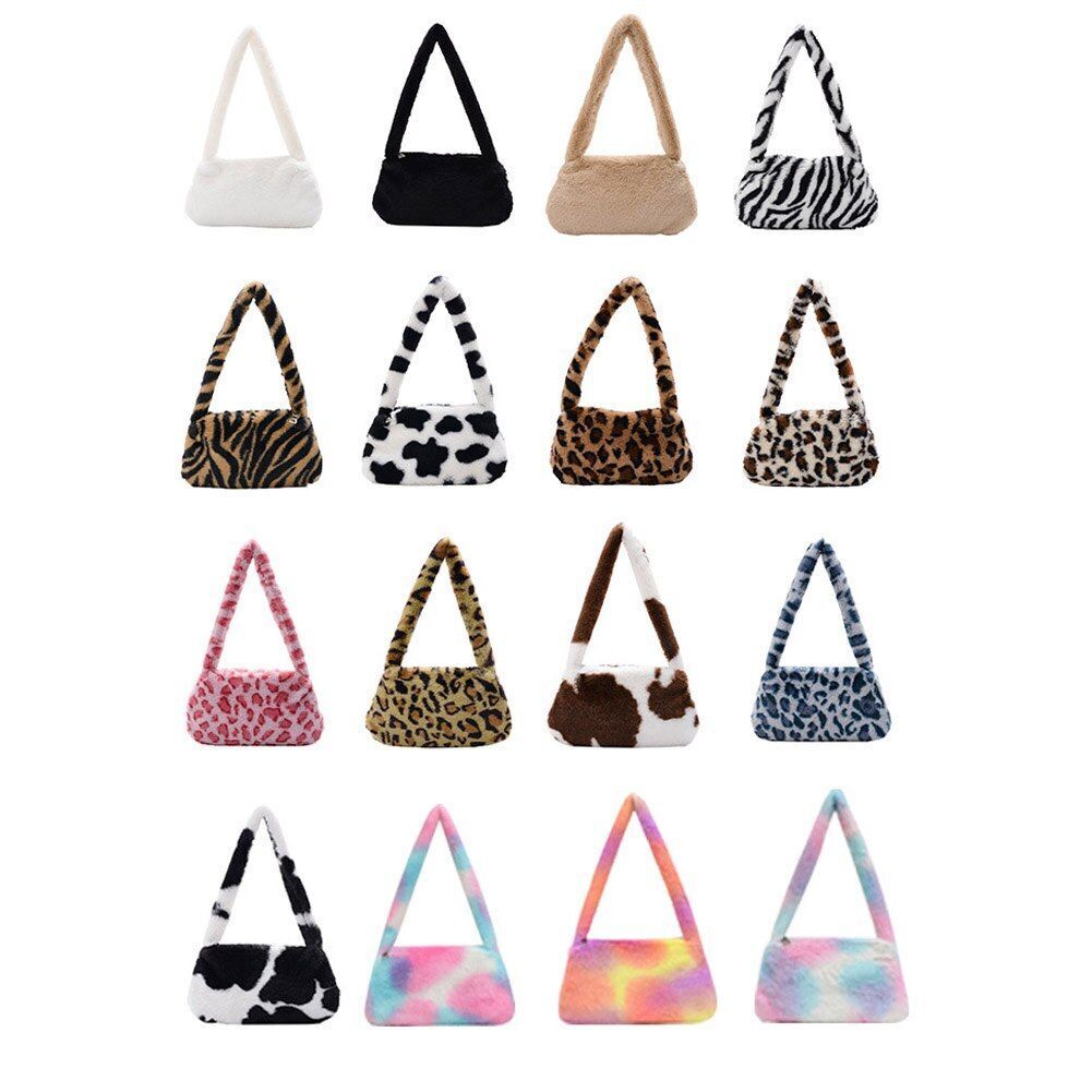 Bag Plush Animal Print Shopper Purse Handbag Shoulder Underarm Bag 250*140*30mm