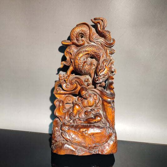 vintage buddha statue Dragon subduing arhat decor wood wooden figurine carved