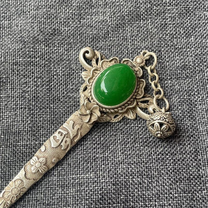 Miaosilver Hairpin Vintage Green Gem Hair Stick Antique Tassel Hair Jewelry