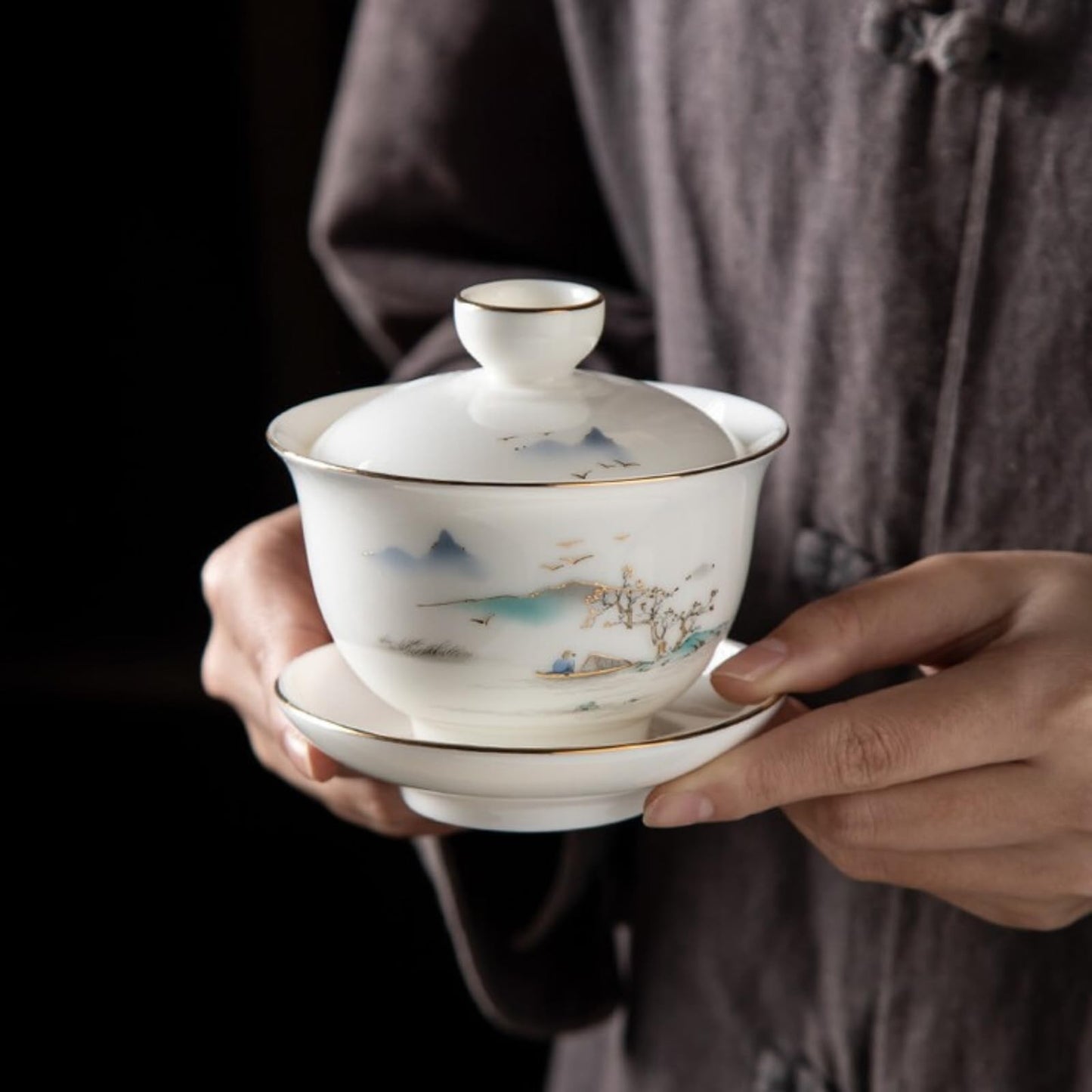 Jade White Ceramics Gaiwan with Gift Box 120ml 4oz Ancient Tea Set