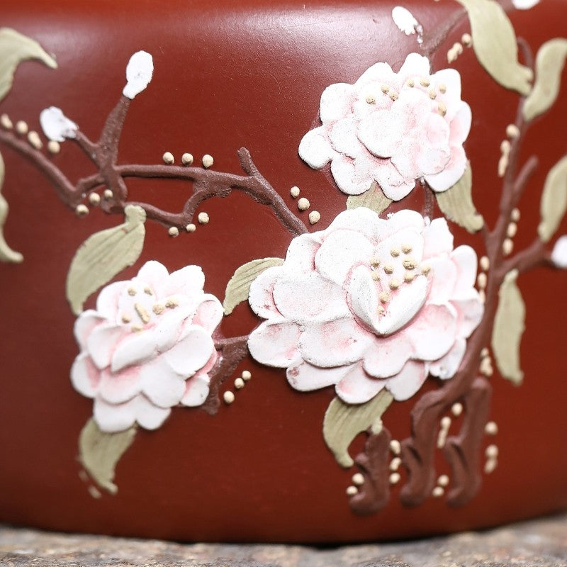 True Yixing Zisha Tea Pot Dahongpao Clay Floral Relief 9 Infuser Hole Marked Pot