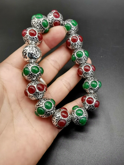 Old Tibetan silver hand-carved Tibet silver inlaid red Green jade bracelet