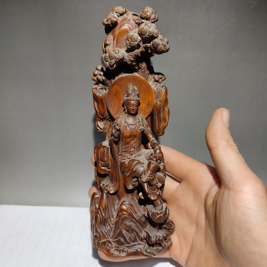 wooden Pine fortune praying kwan yin guanyin quan statue wood sculpture Figurine