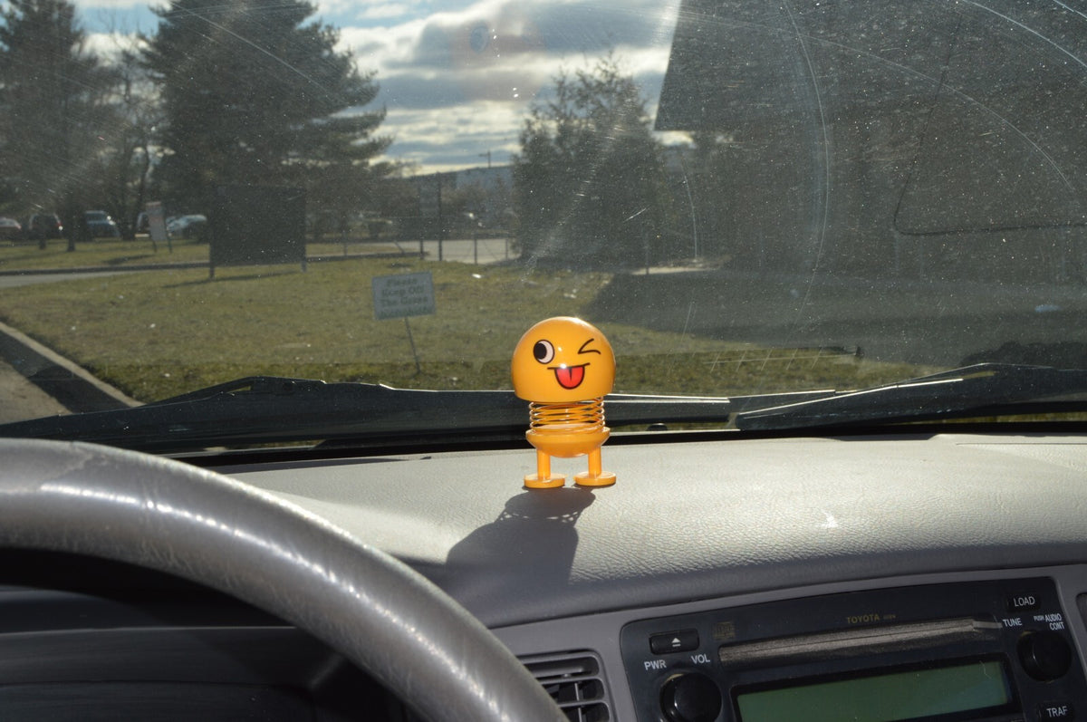 4-inch Smiley Face Bobblehead with Adhesive Feet for Mounting in Car, Cute Mini