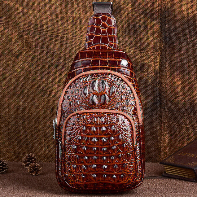 Sling Backpack Men's Genuine Leather Crocodile Crossbody Chest Bag Sport Daypack