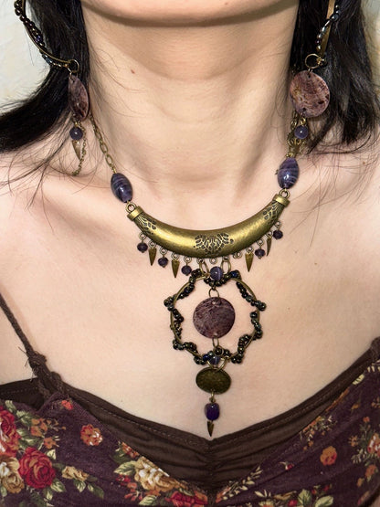 Botang Vintage Shell Purple Stone Necklace Aged Bronze Retro Choker Jewelry