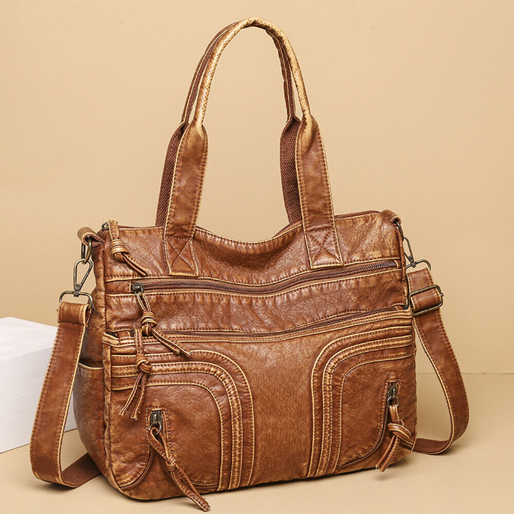 Soft PU Leather Handbags Many Pockets Messenger Bag Washed Leather Shoulder Bag