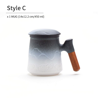 Ceramic Tea Mug with Strainer Mountain and Waves Tea Cup 450ml
