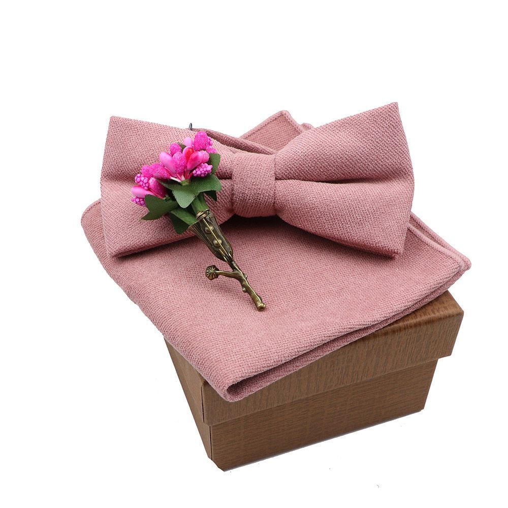 Men Bow Ties 3Pcs Cotton Handkerchief Flower Brooch Women Party Wedding Necktie