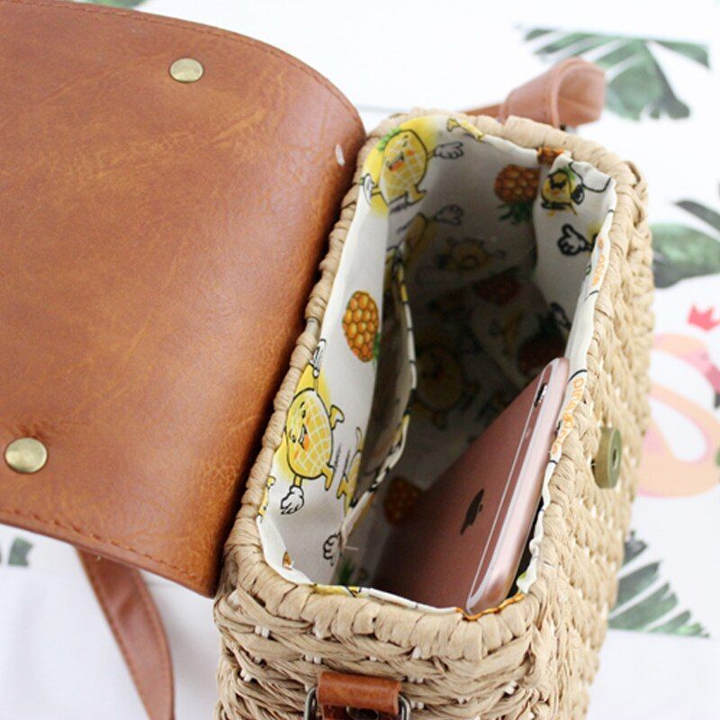 Vintage Straw Bag Crossbody Beach Purse Casual Weaving Rattan Handbag Polyester