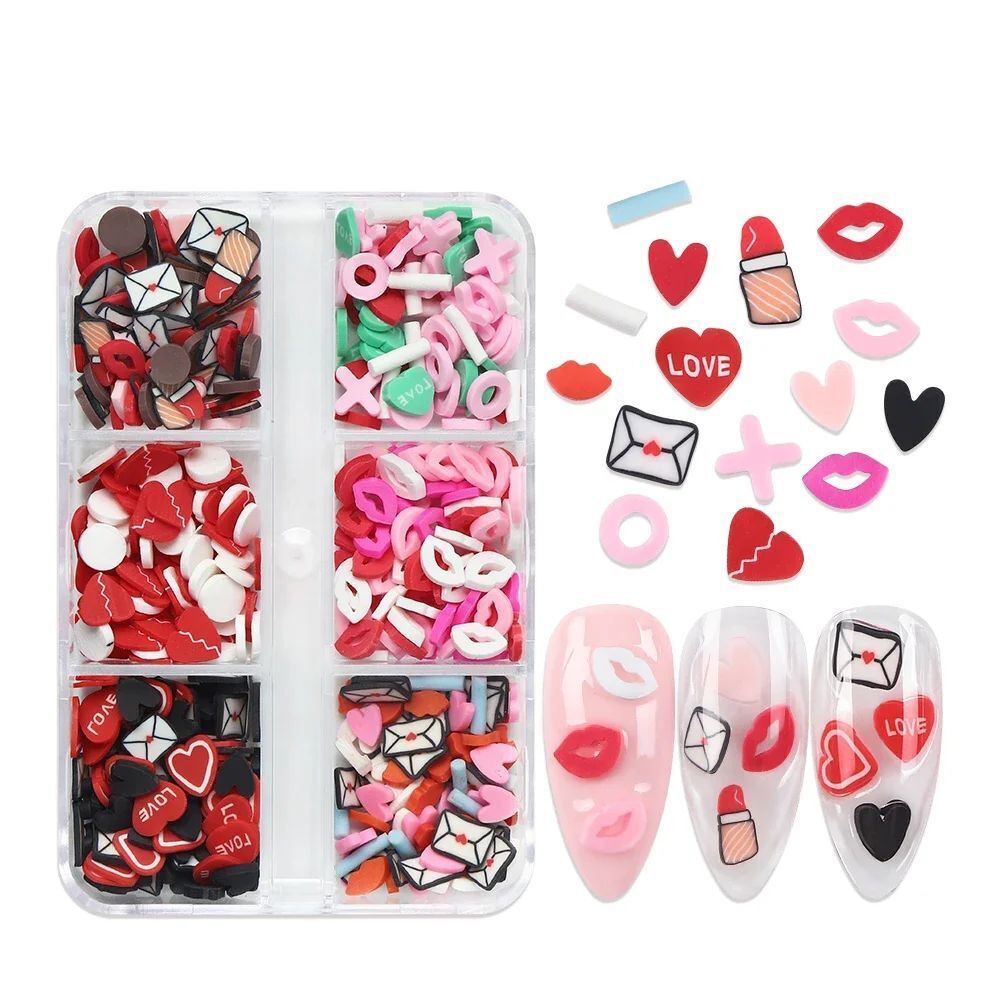 Nail Glitter Sequins 6Grids Mixed Red Black Heart Valentine's Day Manicure Decor