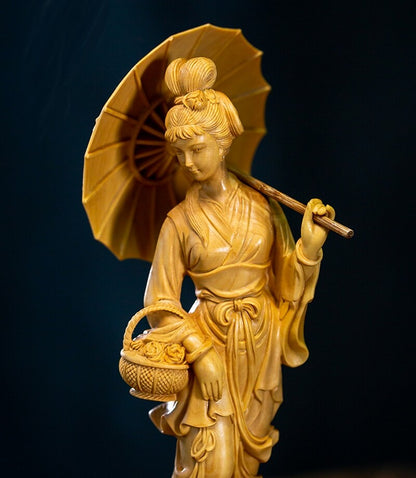 8" Boxwood Carved Oriental Woman Girl Statue Traditional Chinese Beauty Decor