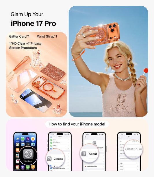 Designed for Iphone 17 Pro Case 6.3", [Glitter Card & Wrist Strap] [Compatible w