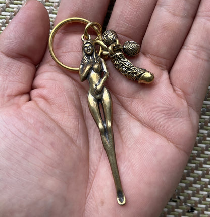 Brass Naked Beauty Penis Ear Pick Keyring Keychains