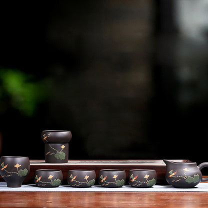 Complete Tea Set Handmade Lotus Relief Real Yixing Zisha Clay Tea Pot Cup Filter