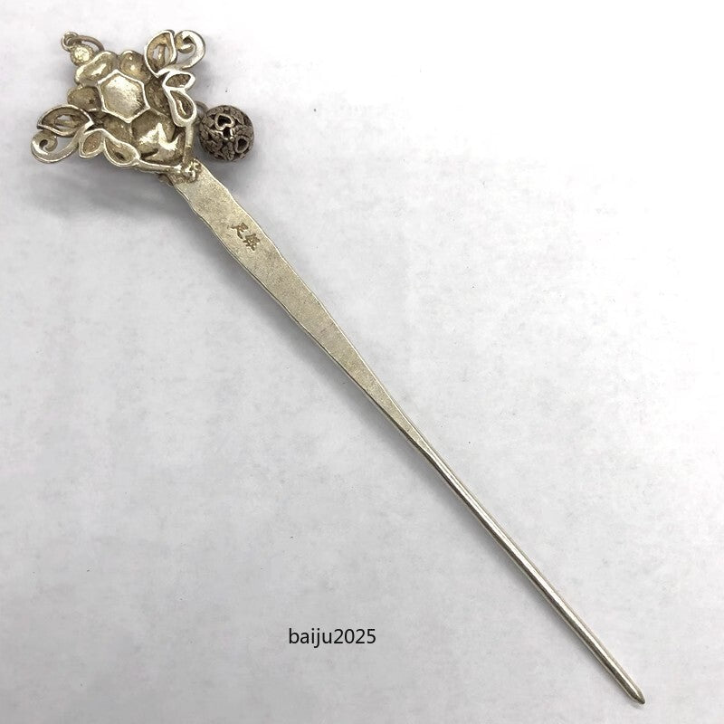 Red Jade Inlaid Old Tibetan Silver Hairpin,Chinese Old Craft Made