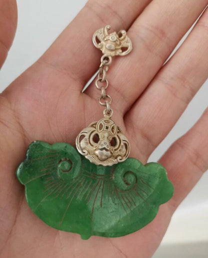 A Pair Chinese Antique Earrings Inlaid Natural Jade and Silver Lucky Jewelry