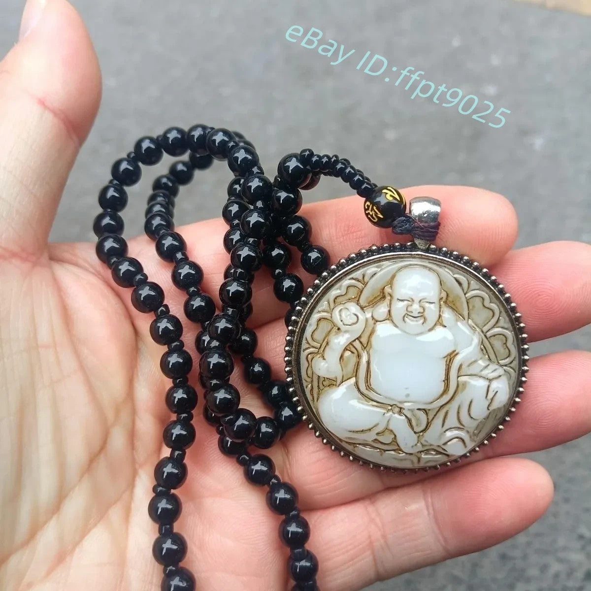 China Antique Collection Old Jade Maitreya Buddha Blessing Pendant Mala Necklace