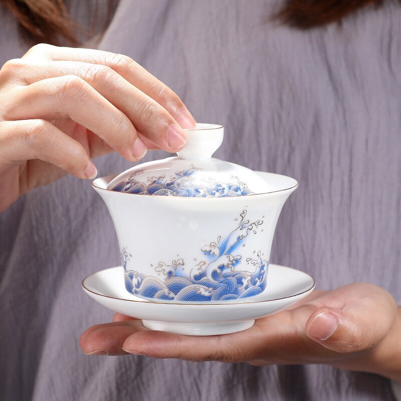 Brewing Tea Cups Sea Wave Gaiwan Chinese Style Ceramic Tureen 170ml Tea Bowl