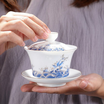 Brewing Tea Cups Sea Wave Gaiwan Chinese Style Ceramic Tureen 170ml Tea Bowl