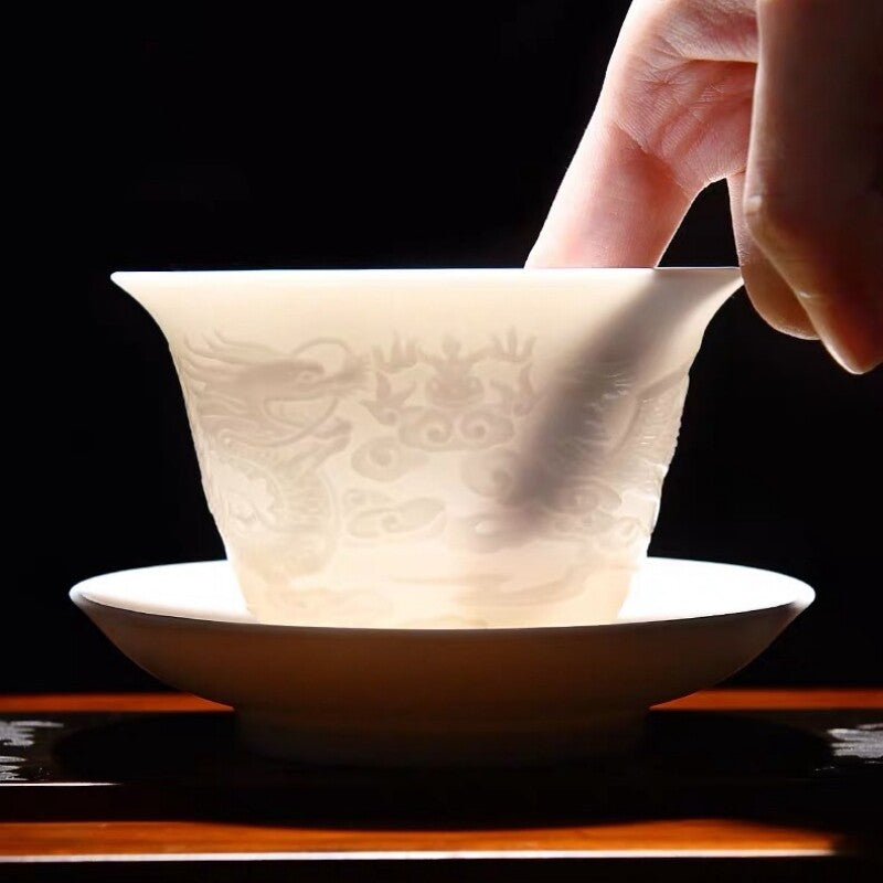 China Gaiwan Fat Mutton Jade Porcelain Handmade Tureen Ceramic Sancai Bowl Lid