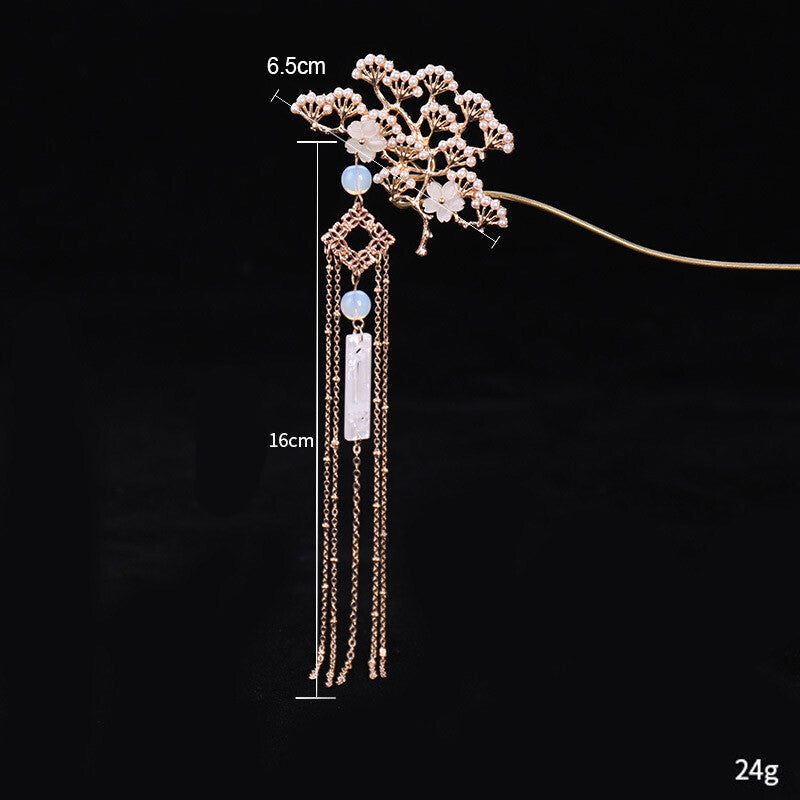 Chinese Traditional Classical Flower Simulated Pearls Tassel Hair Clasp Decor