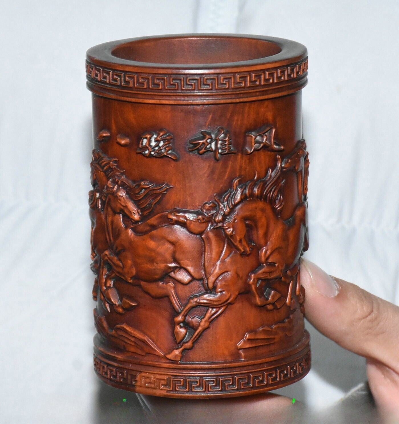 4.3''Old Chinese Boxwood Carving Horse Pot Pencil Holder Statue Sculpture