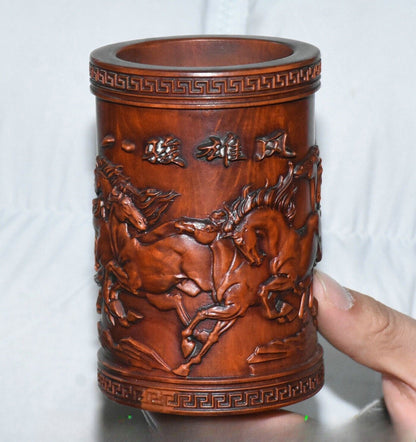 4.3''Old Chinese Boxwood Carving Horse Pot Pencil Holder Statue Sculpture