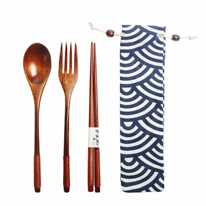 Wooden Lunch Box Picnic Japanese Bento School Kids Dinnerware Set Bag Spoon Fork