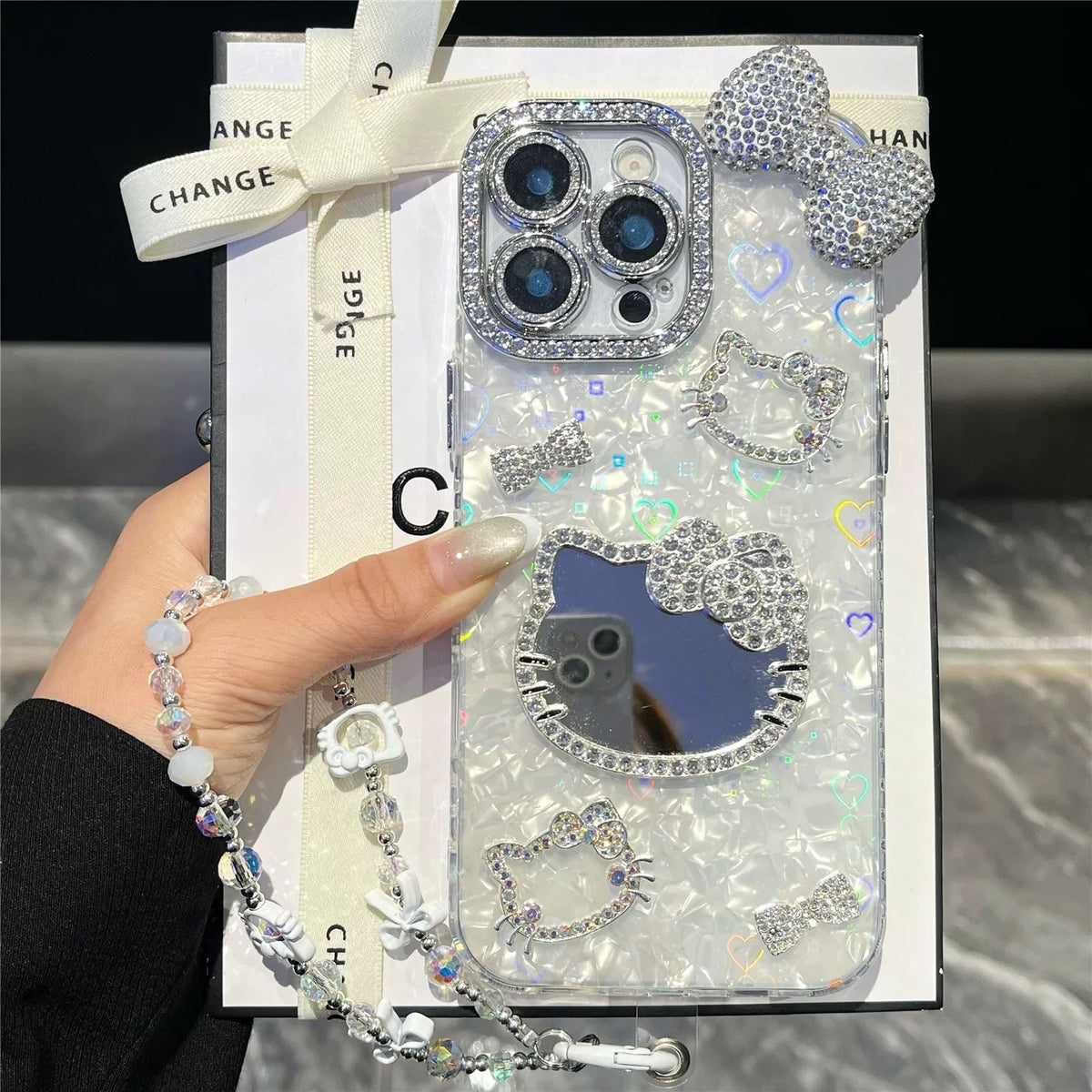 For iPhone 17 Pro Max/16/15 Cute Bling Mirror Girl Case Cover w/ Chain