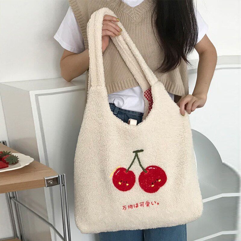 Plush Tote Bag Shopper Handbag Cute Embroidery Wool Shoulder Bag Polyester Soft