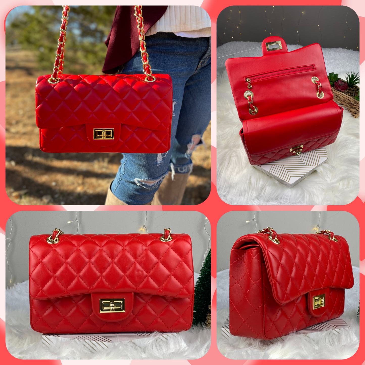 Women Classic Quilted Double Flap Shoulder Crossbody Leather Bag