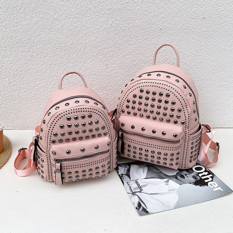 Punk Style Rivet Black Leather Backpack Zip Small/ Big Bag Women Purse Traveling