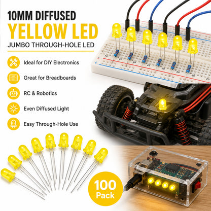 10mm Jumbo Round Yellow Diffused LED, 2-Pin Through-Hole, 1.8–2.2V 20mA - 100...