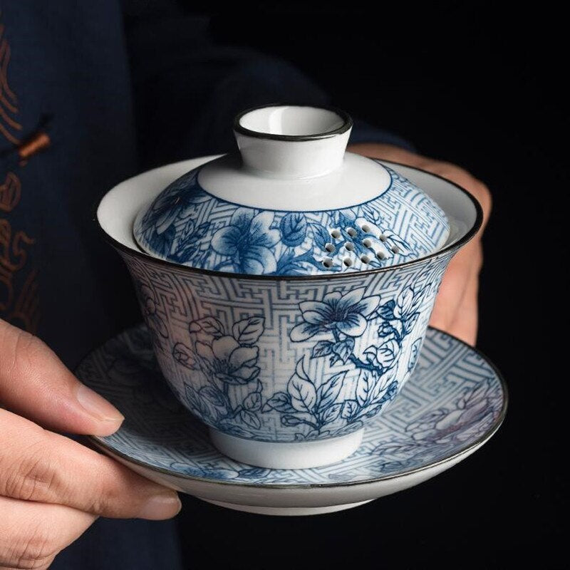 Blue and White Gaiwan Single Ceramic Large Tea Bowl Jingdezhen Tiandiren Tureen