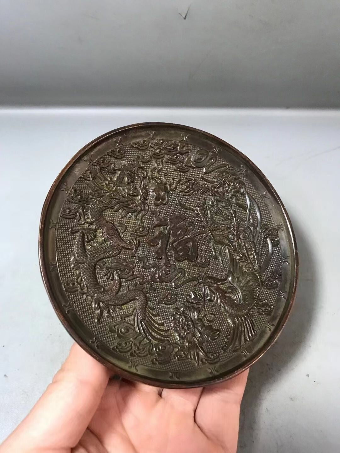 Rare Chinese bronze dragon phoenix statue collectable tea pet plate home decor