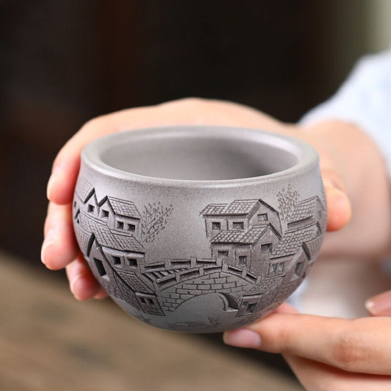 Boutique Tea Cup True Yixing Zisha Purple Clay Master Cup Marked Hand Carved New