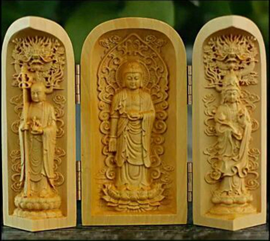CHINESE 100% hand Woodcarving Buddha Boxwood shrine posuo sansheng A1